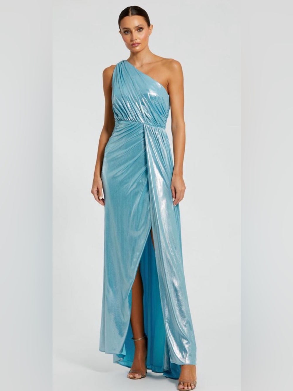 NWT Mac Duggal 26537 One Shoulder Metallic Gown SZ 0 Blue Pleated Slit Dress
